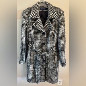 Ann Klein Wool Blend Black and White Plaid Belted Trench Coat